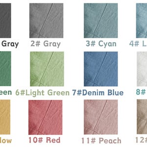 May include: A color chart featuring twelve fabric swatches in various shades. The swatches are labeled with numbers and color names, including Black Gray, Gray, Cyan, Light Blue, Green, Light Green, Denim Blue, White, Yellow, Red, Peach, and Linen.
