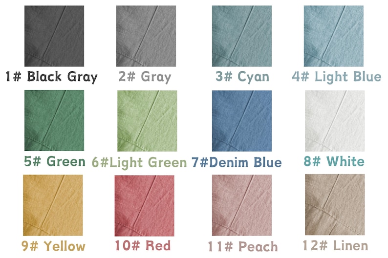 May include: A color chart featuring twelve fabric swatches in various shades. The swatches are labeled with numbers and color names, including Black Gray, Gray, Cyan, Light Blue, Green, Light Green, Denim Blue, White, Yellow, Red, Peach, and Linen.
