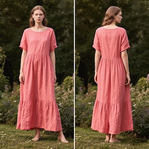 Linen Dress for Women Short Sleeve Round Neck Maxi Dress Tiered Ruffle Hem Dress Flowy A Line Minimalist Dress Custom Dress With Pockets