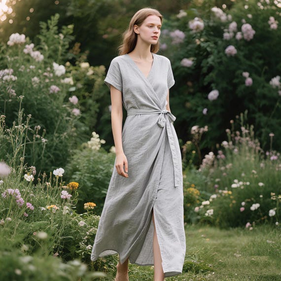 Linen Wrap Dress with Pockets Women Wrap Dress Handmade V-Neck Maxi Dress with Belt & Back Slit Custom Dress Summer Dress Soft Elegant Dress