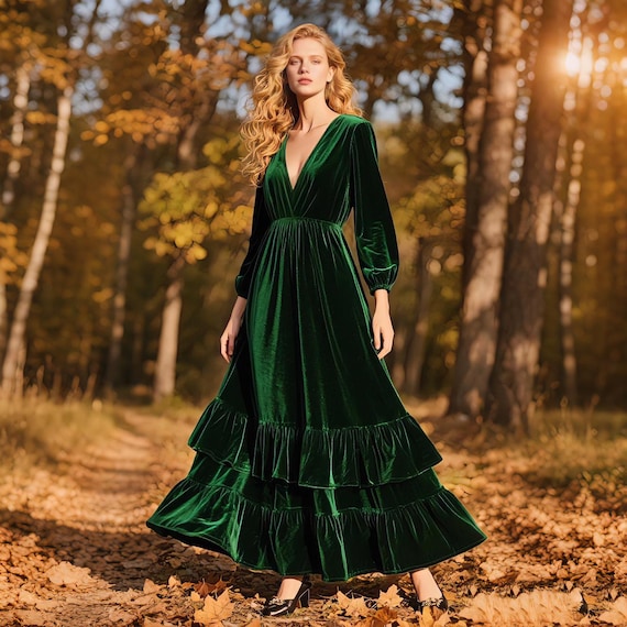 green velvet tiered dress Always Turn To You Emerald Green Velvet Maxi Dress