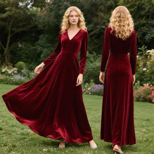 Samt V-Ausschnitt Burgund Maxikleid | Elegantes Langarmkleid in A-Linie | Weiches Plüsch-Abend-Kleid für formelle Veranstaltungen-Samt-Kleid