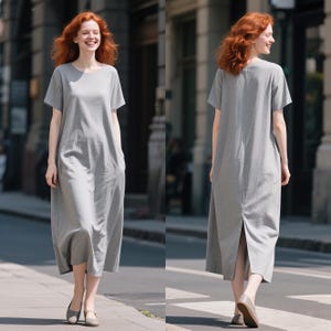 Women&#39;s Linen Dress Linen Midi Dress with Back Slit Loose Summer Dress Linen Clothing Short Sleeve Minimalist Dress Custom Handmade Dress