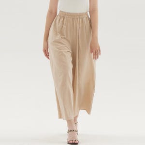 カスタムリネンワイドレッグパンツ、ポケット付き、伸縮性ウエスト、カジュアルルーズロングパンツ、春夏秋プラスサイズパンツ、プラスサイズ衣類