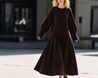 puff sleeve dress winter Comfy Winter Long Puff Sleeve Dress, Cotton Checkered Victorian Style Dress,  Warm High Waist Wedding Guest Dress, Ladies Birthday Dresses