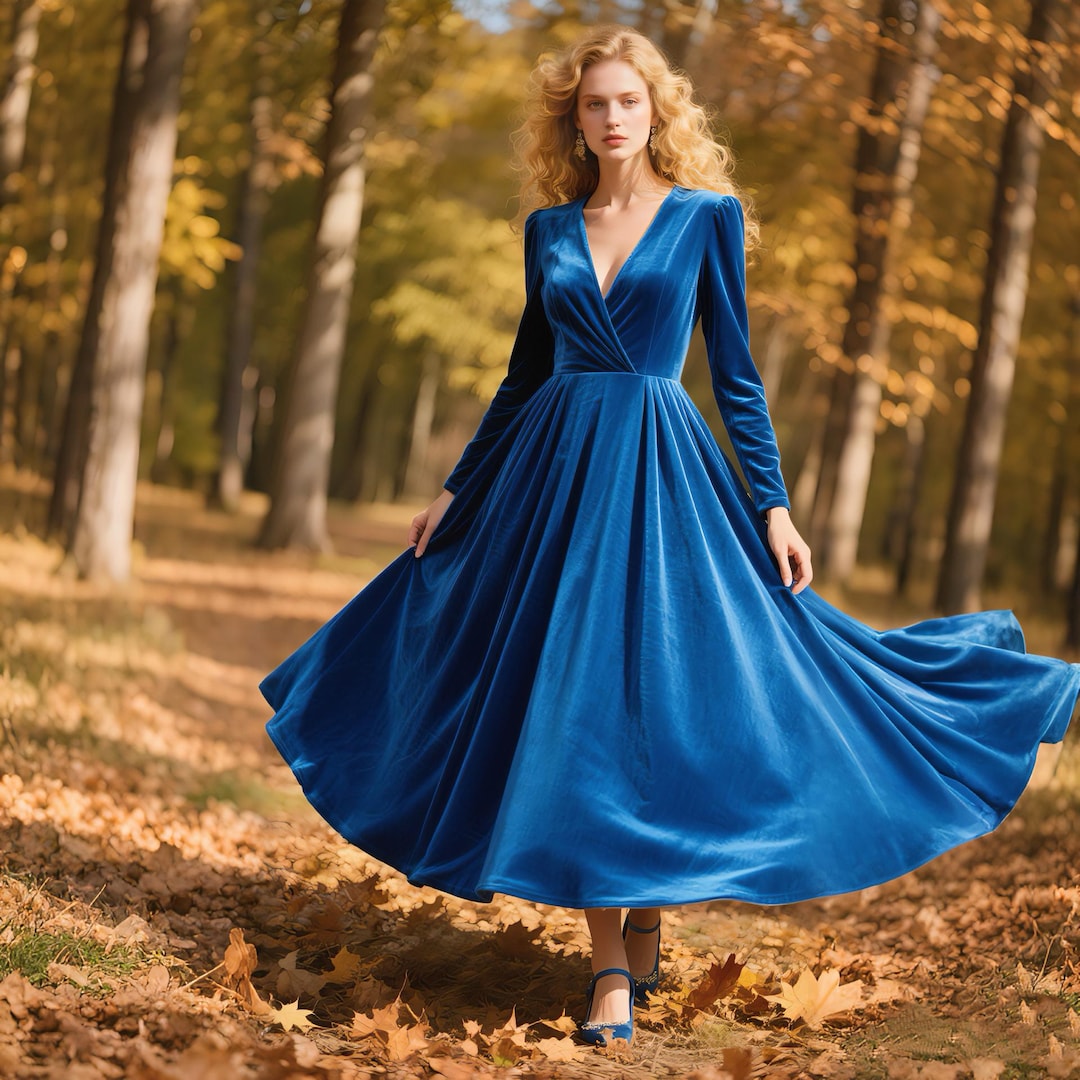 Royal Blue Velvet Maxi Dress | Long Sleeve Flare Dress | Handmade Elegant Velvet Gown | Vintage Inspired Winter Party Outfit Custom Dress