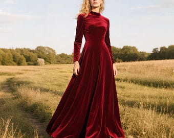 Velvet Maxi Dress High Neck Long Sleeve, Elegant Winter Formal Gown, Loose Sleeve  Dress, Modest Evening Dress, Wedding Guest Dress - Etsy