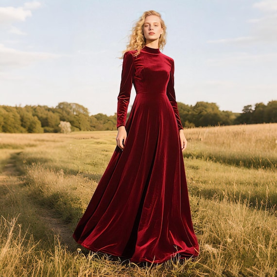 Burgundy Velvet Dress Floor-length Maxi Dress Women High Neck Long Sleeve A  Line Modest Evening Gown Fall Winter Wedding Guest Custom Dress - Etsy UK
