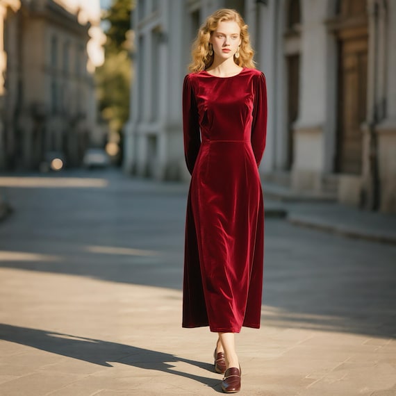 Wine Red Velvet Midi Dress | Long Sleeve Velvet Winter Dress | Elegant  Formal A-line Dress | Handmade Custom Velvet Gown Women Holiday Dress -  Etsy Canada