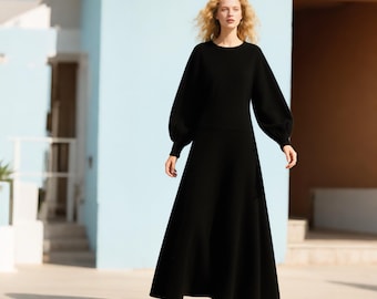 Black Wool Maxi Dress Women | Long Sleeve Bishop Sleeve Dress | Elegant Handmade Winter Dress | Minimalist Wool Dress Formal Custom Dress