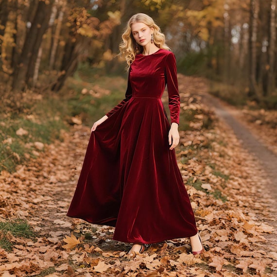 Wine Red Velvet Maxi Dress – Long Sleeve Silky Gown With Invisible Back Zip  – Elegant Vintage-inspired Evening Dress – Fall Winter Dress