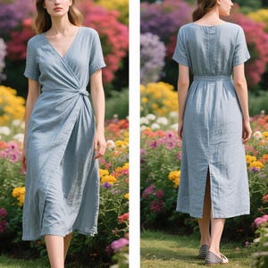 Linen Wrap Dress with Belt V-Neck Midi Dress Summer Linen Dress  Custom Dress Handmade Dress Elegant Casual Dress for Women Linen Clothing