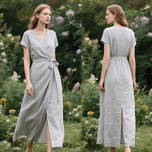 Linen Wrap Dress with Pockets Women Wrap Dress Handmade V-Neck Maxi Dress with Belt & Back Slit Custom Dress Summer Dress Soft Elegant Dress