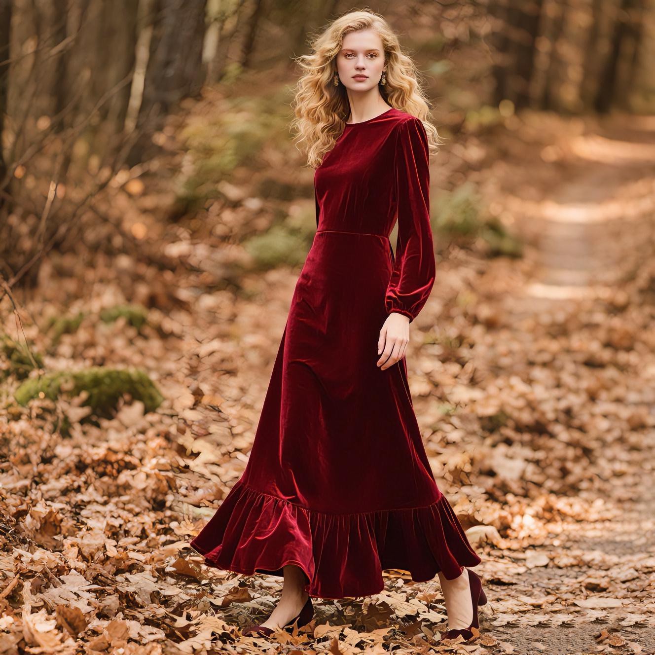 long sleeve wine velvet dress V-Neck Wrap Velvet Long Sleeve Elegant Bodycon Ruched Maxi Dress, M, Wine Red