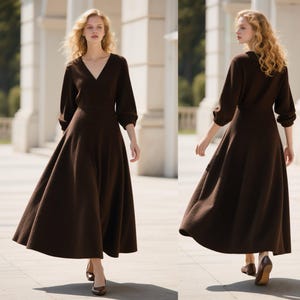 Elegante Wolle Midi Kleid Frauen V-Ausschnitt 3/4 Ballon Ärmel Kleid Winter A-Linie Kleid Braun Warmes Kleid Minimalistische Wollkleidung Benutzerdefinierte Kleid