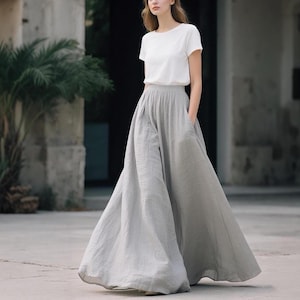 Linen Maxi Skirt with Pockets Floor-Length Flowy Skirt with Elastic Waist A-Line Skirt Handmade Boho Summer Skirt Women Long Custom Skirt