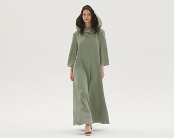 Linen Hooded Dress for Women Linen Kaftan Dress Hoodied Dress Long Sleeves Dress Boho Maxi Dress Custom Dress Spring Summer Plus Size Dress
