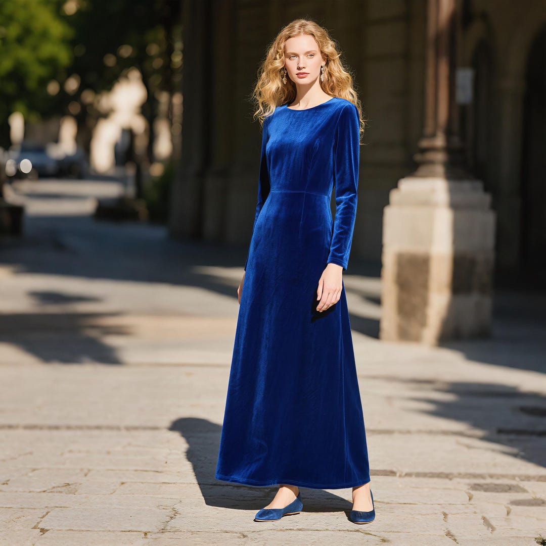 Royal Blue Velvet Maxi Dress | Long Sleeve Elegant Velvet Gown | Handmade Fall Winter Formal Dress | Women Custom Dress | Velvet Party Dress