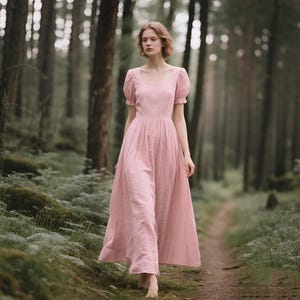 Linen Dress for Women Romantic Short Puff Sleeve Square Neck Maxi Dress with Pockets Summer Dress Cottagecore Dress Handmade Custom Dress
