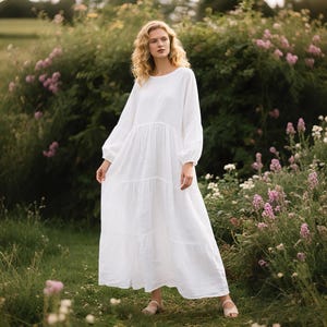 White Linen Maxi Dress Tiered Boho Cottagecore Dress with Balloon Sleeves Spring Fall Dress Loose Handmade Dress Long Dress Custom Dress
