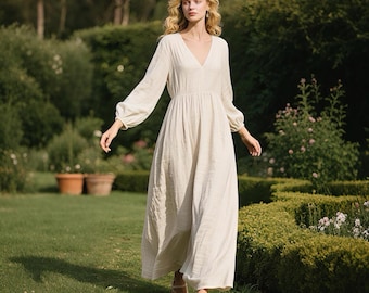 knee length dresses for ladies Tracey Linen Blend Unique Print Balloon Sleeve Tie-up Tunic Maxi Dress   roschic