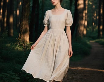 Linen Puff Sleeve Dress for Women Custom Handmade Cottagecore Prairie Dress Square Neck Flowy Midi Dress with Pockets Rustic Boho Linen Gown