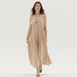 Linen Sleeveless Maxi Dress for Women Flowy V-Neck Summer Dress Minimalist A-Line Dress with Pockets Custom Dress Casual Dress Loose Dress