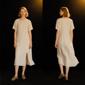 Women Linen Dress with Pockets Midi Dress with Front Slit Short Sleeve Minimalist Dress Soft Summer Dress Modest Dress Handmade Custom Dress