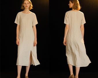 Women Linen Dress with Pockets Midi Dress with Front Slit Short Sleeve Minimalist Dress Soft Summer Dress Modest Dress Handmade Custom Dress