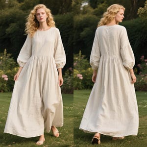 Linen Dress with Bishop Sleeves Custom Spring Fall Dress Handmade Round Neck Loose Fit Flowy Maxi Dress Cottagecore Linen Dress with Pockets