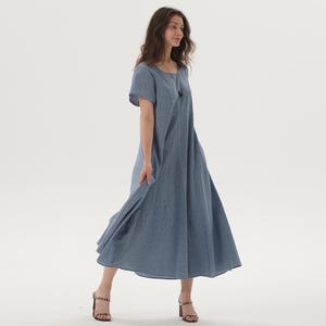 A Line Linen Dresses, Round Neck Maxi Dress with Side Pockets, Custom Oversized Dress, Soft Casual Spring Summer Fall Dress, Plus Size Dress