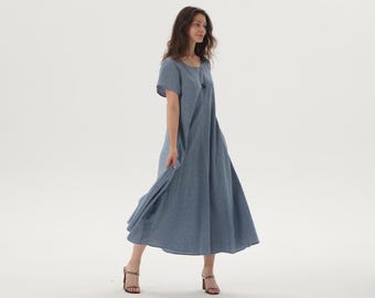A Line Linen Dresses, Round Neck Maxi Dress with Side Pockets, Custom Oversized Dress, Soft Casual Spring Summer Fall Dress, Plus Size Dress