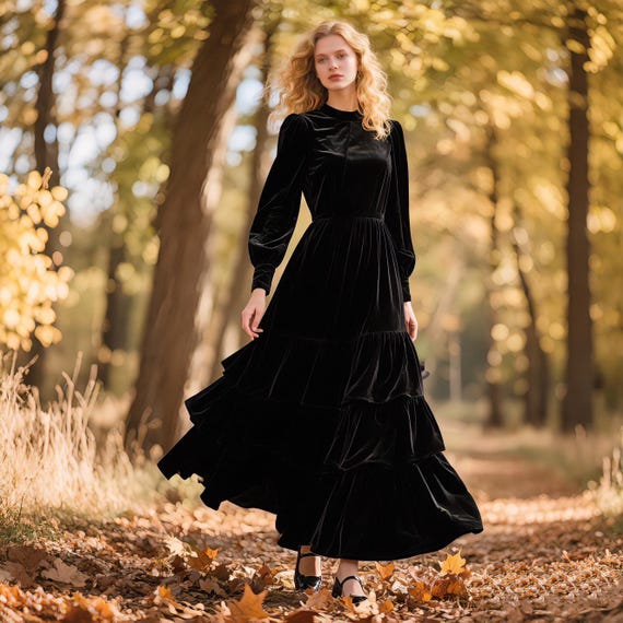 winter black party dress Velvet Maxi Long Sleeve Dress With Tiered Ruffle Skirt Dress High Neck Modest A Line Formal Evening Gown Dress The fabric is comfortable collection_filter:Maxi Dresses Felicita Off Shoulder Long NZ Size:12-14