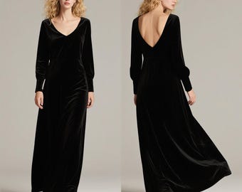 Elegancka, długa sukienka z czarnego aksamitu z dekoltem w serek i głębokim dekoltem na plecach | Formalna suknia z długim rękawem na zimowe przyjęcia | Efektowna suknia wieczorowa Sukienka jesienna