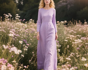 Robe longue en lin pour femme, robe à manches longues et col rond, robe trapèze faite main sur mesure avec poches, robe de vacances printemps-automne, robe Cottagecore