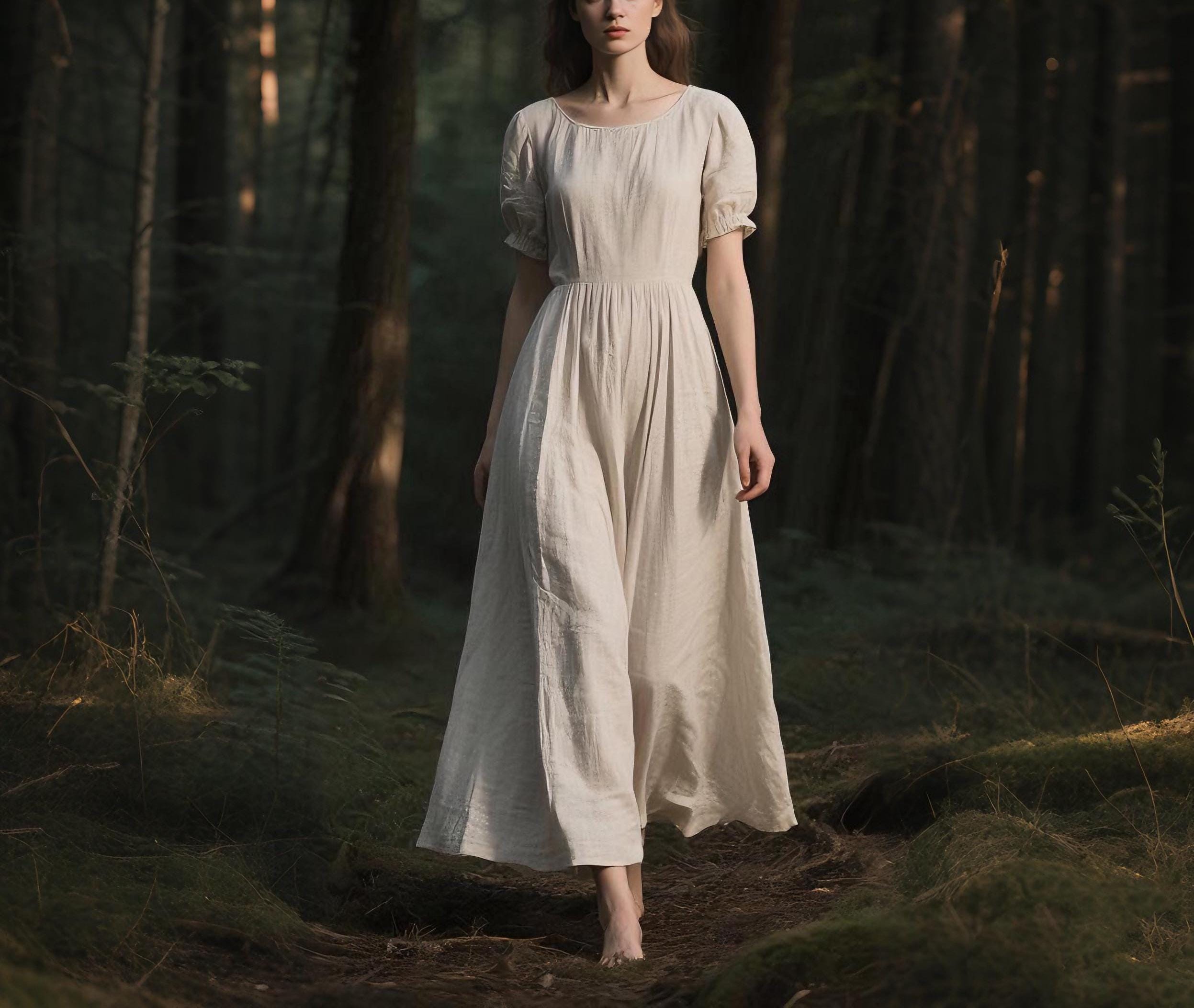 Linen Maxi Dress Custom Flowy Cottagecore Prairie Dress with Puff Sleeves Romantic Boho Long Linen Dress Handmade Linen Clothing for Women