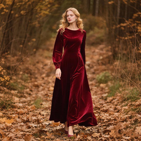 Crew Neck Velvet Dress Fall Winter Women's Velvet Maxi Dress - Long Sleeve Loose  Fit A-Line Dress With Pockets, Flowy Casual Elegant Dress For Fall, Winter,  Wedding Guest, Date Night Maxi Dresses