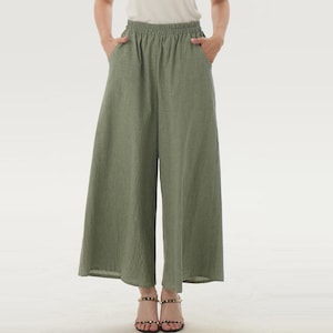 Wide Leg Linen Pants Women Elastic Waist Casual Trousers with Pockets Linen Long Pants Spring Summer Loose Fit Lounge Pants Custom Pants