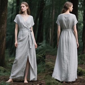 LINEN WRAP DRESS With Belt Short Sleeve Linen Dress With Ties V Neck Linen Dress Long Dress for Women Summer Fall Dress Custom Elegant Dress