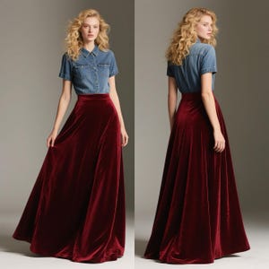 Romantic Burgundy Velvet Maxi Skirt, A-Line Formal Long Skirt, Mulberry Silk Blend Tiered Skirt for Party, Fall Winter Evening Look