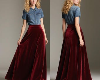 Romantic Burgundy Velvet Maxi Skirt, A-Line Formal Long Skirt for Women,Mulberry Silk Blend Velvet Skirt for Party, Fall Winter Evening Look