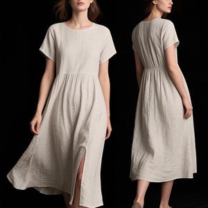Women Linen Midi Dress with Side Slit Short Sleeve Loose Fit Summer Dress Minimalist Natural Linen Clothing Soft Linen Dress Custom Dress