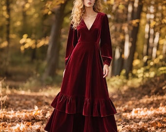 Burgundy Corduroy Dress, Long Sleeve Cocktail Dress, Maxi Dress, Long Dress,  Party Dress, Wedding Dress, Layered Dress, Fall Dress 1612# - Etsy