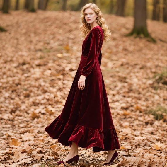 Women Velvet Dress Long Bishop Sleeve A-Line Maxi Dress with Ruffle Hem Fall Winter Dress Wedding Guest Holiday Party Dress Custom Dress
