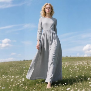 Linen Maxi Dress With Pockets Women Long Sleeve Round Neck Dress Flowy Handmade Dress Custom Linen Dress Cottagecore Dress Spring Fall Dress
