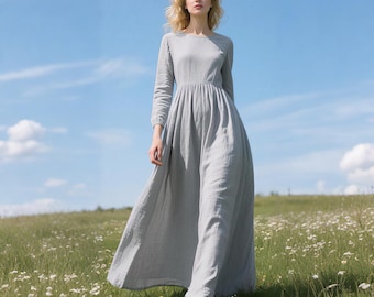 Linen Long Sleeve Maxi Dress Minimalist Boho A-line Dress Round Neck  Handmade Cottagecore Dress Women Summer Fall Flowy Dress Custom Dress - Etsy