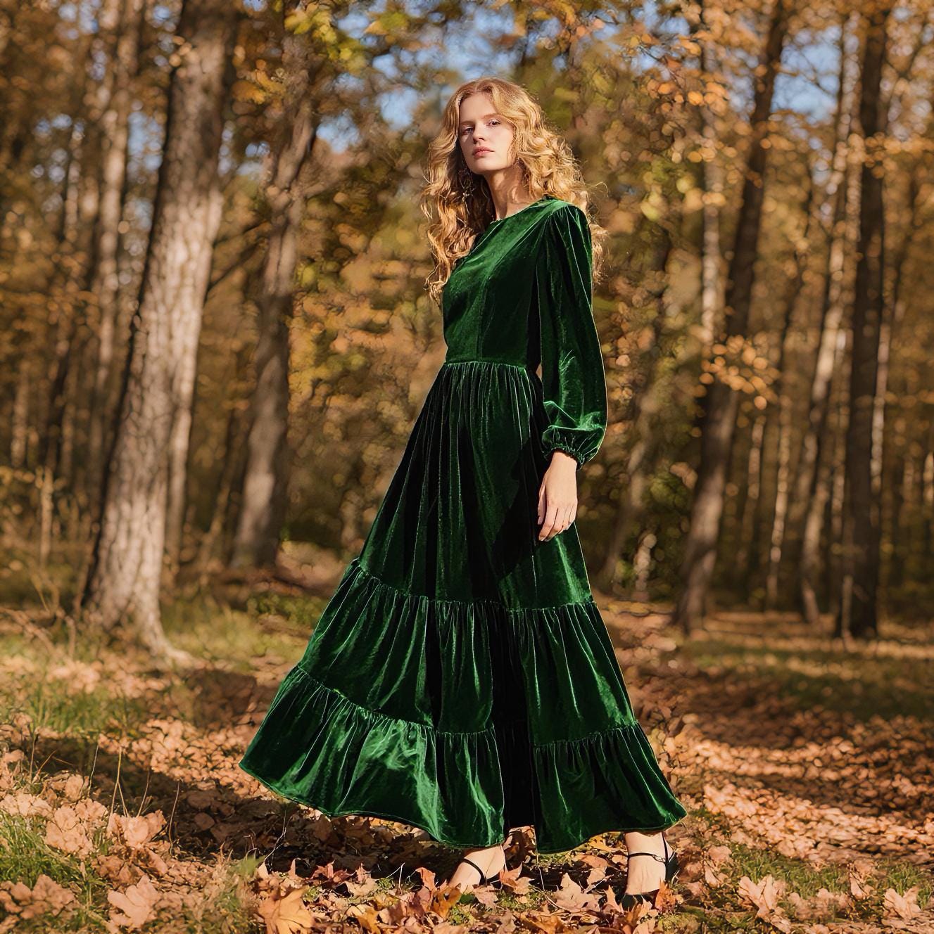 boho velvet dress Green Maxi Fall Winter Dress Women Crew Neck Bishop Sleeves Dress Tiered Ruffle Hem A Line Modest Wedding Guest Custom Dress How to Wear Black midi Color:Ivory/Pewter It’s the perfect statement