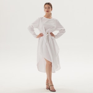 Custom Cotton Maxi Dress Side Pockets Belt Dress Women Long Sleeves Casual Loose Dress Round Neck Dress Summer Fall Dress Plus Size Dress