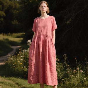 Elegant Linen Maxi Dress Women Short Sleeve Round Neck Dress Flowy A Line Minimalist Custom Linen Clothing With Pockets Cottagecore Dress