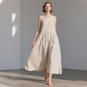 Women Linen Maxi Dress Custom Sleeveless Round Neck Dress Flowy Summer A-Line Dress Cottagecore Handmade Dress Loose Dress Plus Size Dress